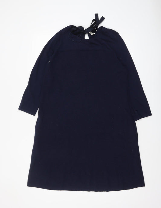 Monsoon Women Blue Size 14 Knit Shift Dress 3/4 Sleeve Bow Tie Back