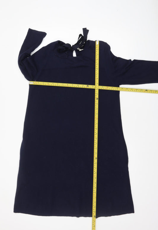 Monsoon Women Blue Size 14 Knit Shift Dress 3/4 Sleeve Bow Tie Back
