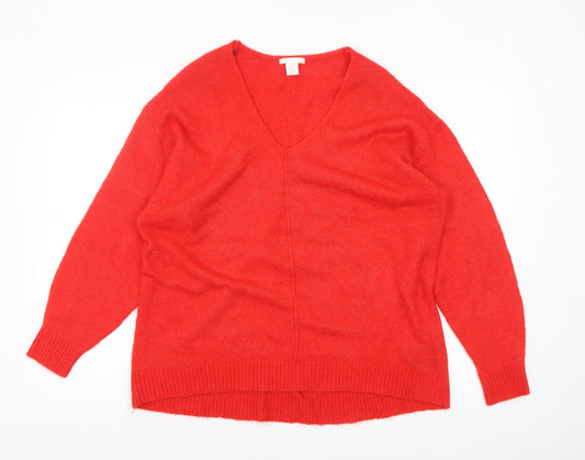 H&M Women's Red V-Neck Relaxed Fit Knit Jumper Size S