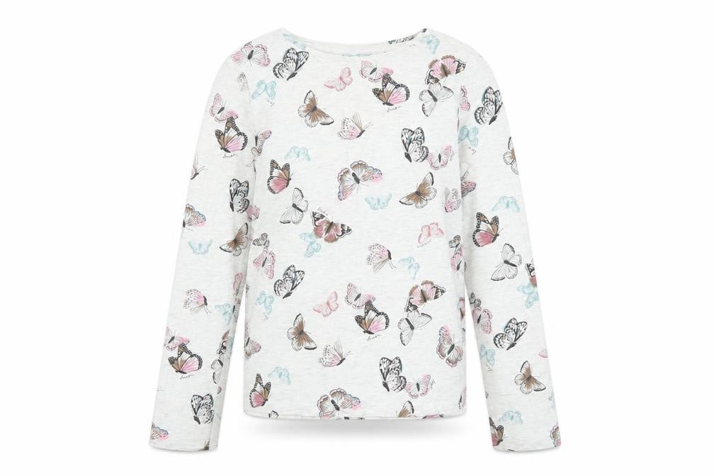 Front view of Tu girls’ ivory butterfly print long sleeve cotton t-shirt, size 12, years