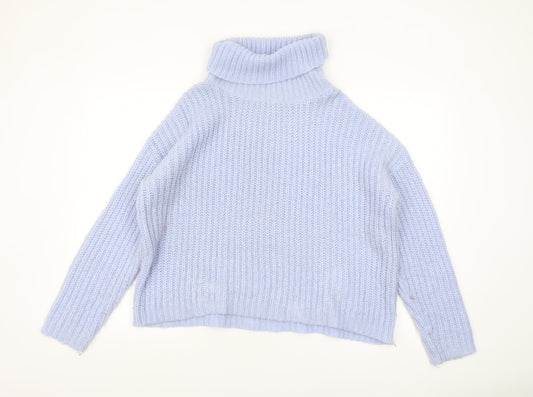 Papaya Women Blue Roll Neck Chunky Knit Acrylic Jumper Size L