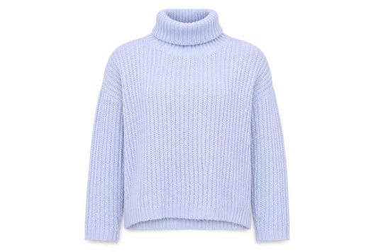 Front view of Papaya Women Blue Roll Neck Chunky Knit Acrylic Jumper, size L