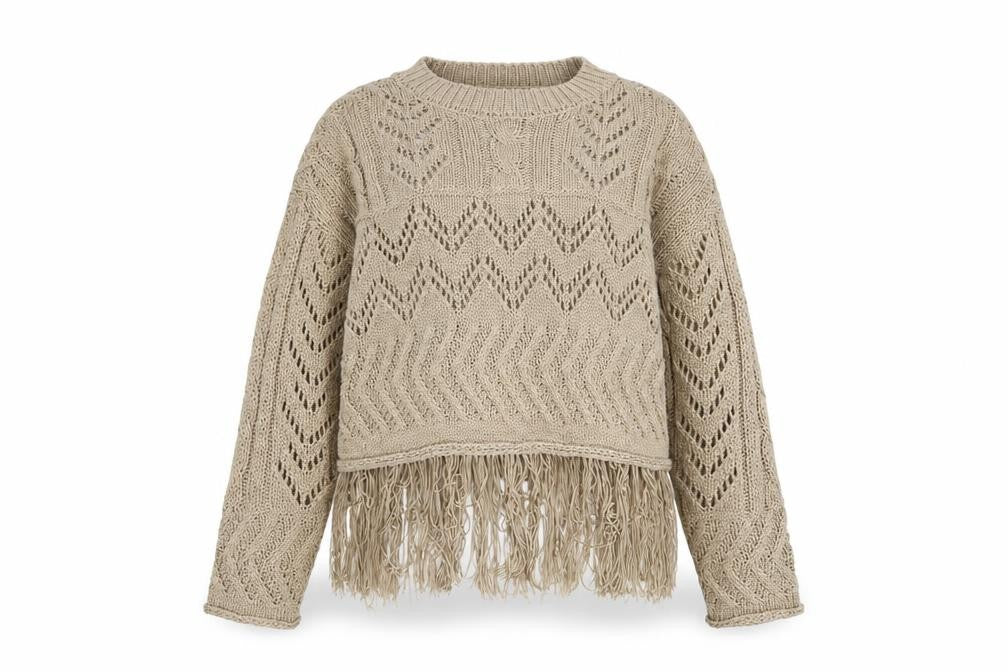 Primark Women Beige Fringe Knit Jumper Size 12-14 Acrylic Boho Style