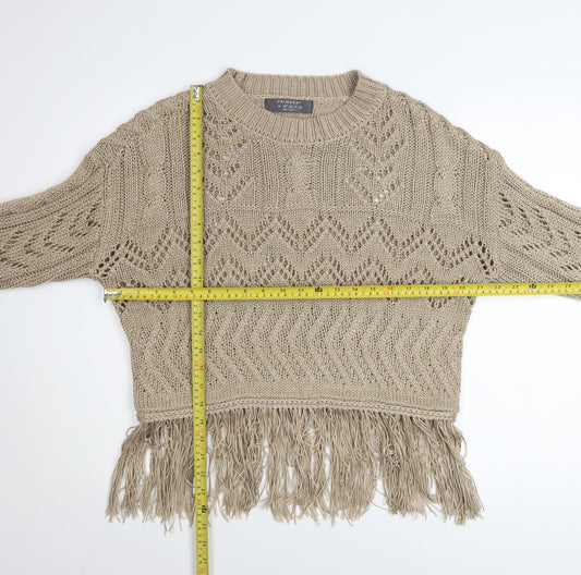 Primark Women Beige Fringe Knit Jumper Size 12-14 Acrylic Boho Style