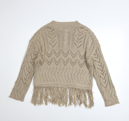 Primark Women Beige Fringe Knit Jumper Size 12-14 Acrylic Boho Style