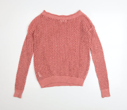 Hollister Women's Pink Open-Knit Boat Neck Jumper XS