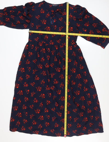 Marks and Spencer Women Blue Floral A-Line Midi Dress Size 8