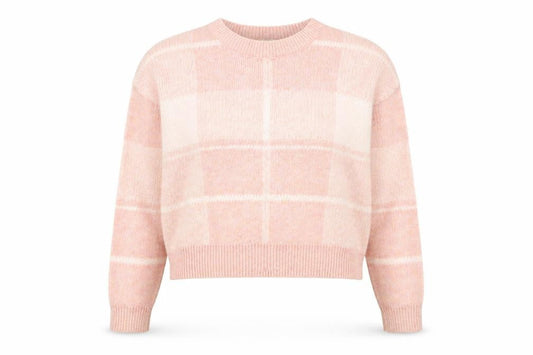 Front view of Miss Selfridge Women's Pink Check Crew Neck jumper, size 8