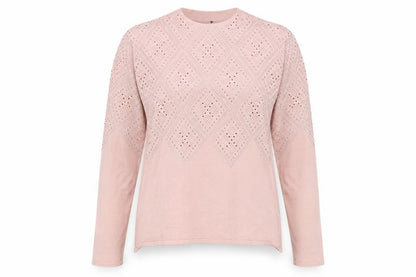Front view of Roman women’s pink mock neck rhinestone knit jumper, size UK 14