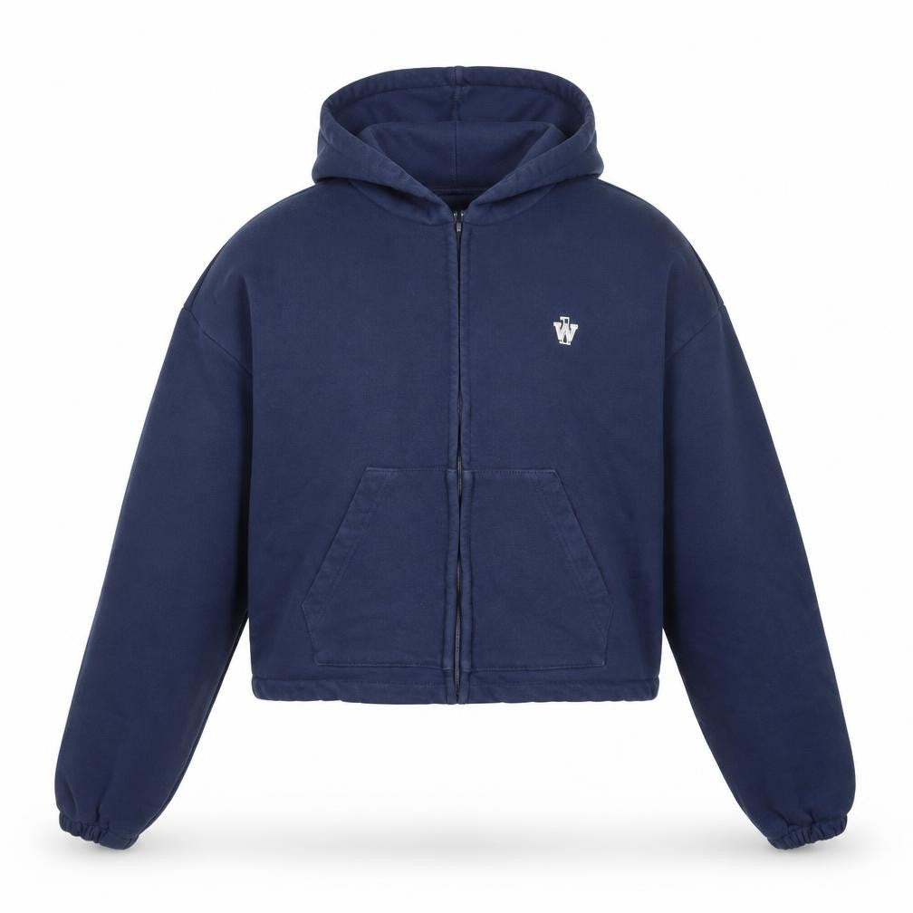 Front view of Twin unisex blue full zip relaxed fit hoodie one size