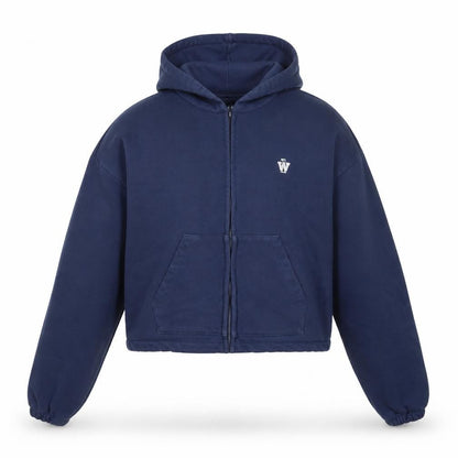 Front view of Twin unisex blue full zip relaxed fit hoodie one size