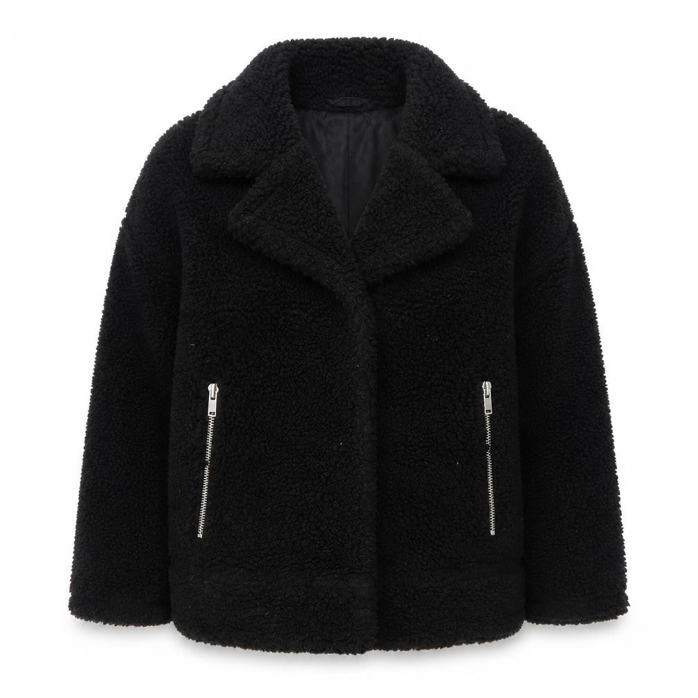 Weekday Women Black Teddy Bomber Jacket Size S Short Zip Fleece