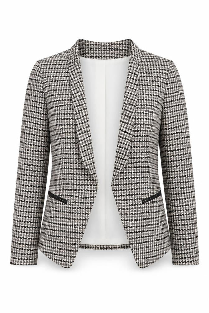 H&M Women Beige Houndstooth Blazer Jacket Size 8 Classic Lined Workwear