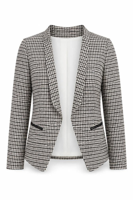H&M Women Beige Houndstooth Blazer Jacket Size 8 Classic Lined Workwear