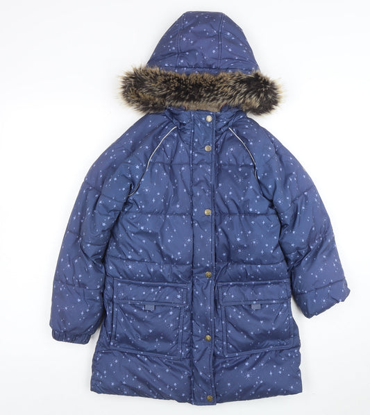 FatFace Girls Blue Star Print Hooded Puffer Coat 9-10 Years Winter Jacket
