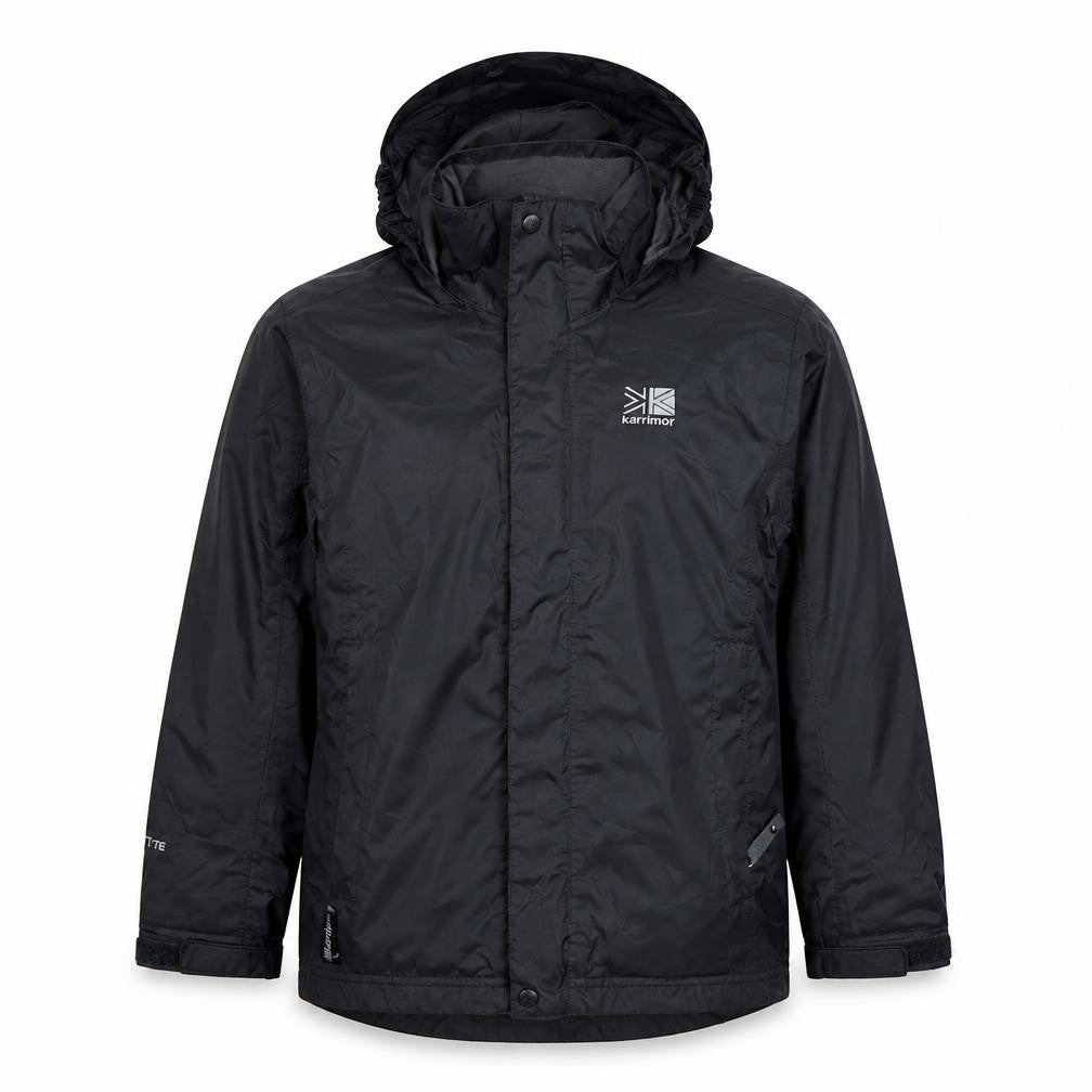 Front view of Karrimor boys’ black waterproof hooded rain jacket 7-8 years