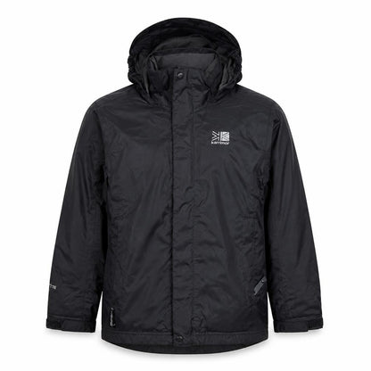 Front view of Karrimor boys’ black waterproof hooded rain jacket 7-8 years