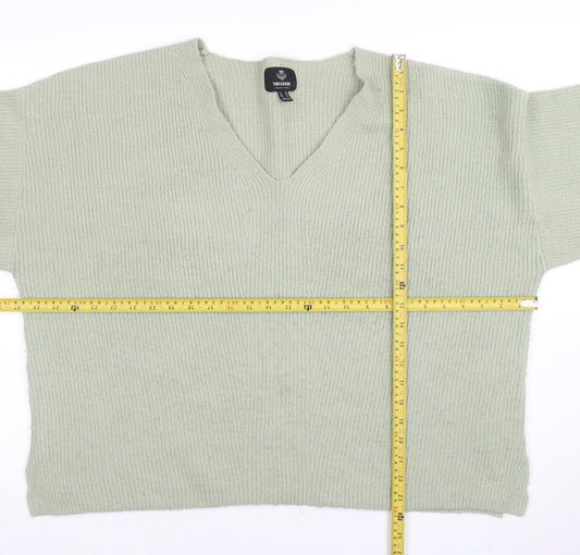 Threadbare Women's Green V-Neck Relaxed Knit Jumper Size 16