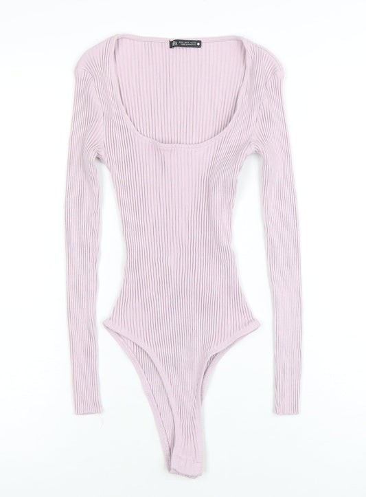 ZARA Women Pink Ribbed Long Sleeve Bodysuit Size Small