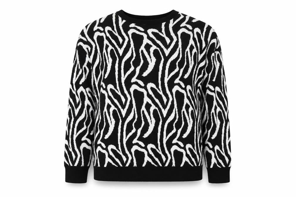 Front view of In The Style Women’s Black Zebra Knit Jumper, size L, Crew Neck