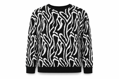 Front view of In The Style Women’s Black Zebra Knit Jumper, size L, Crew Neck