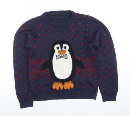 Nutmeg Boys Navy Penguin Christmas Jumper 7-8 Years Acrylic Knit Long Sleeve