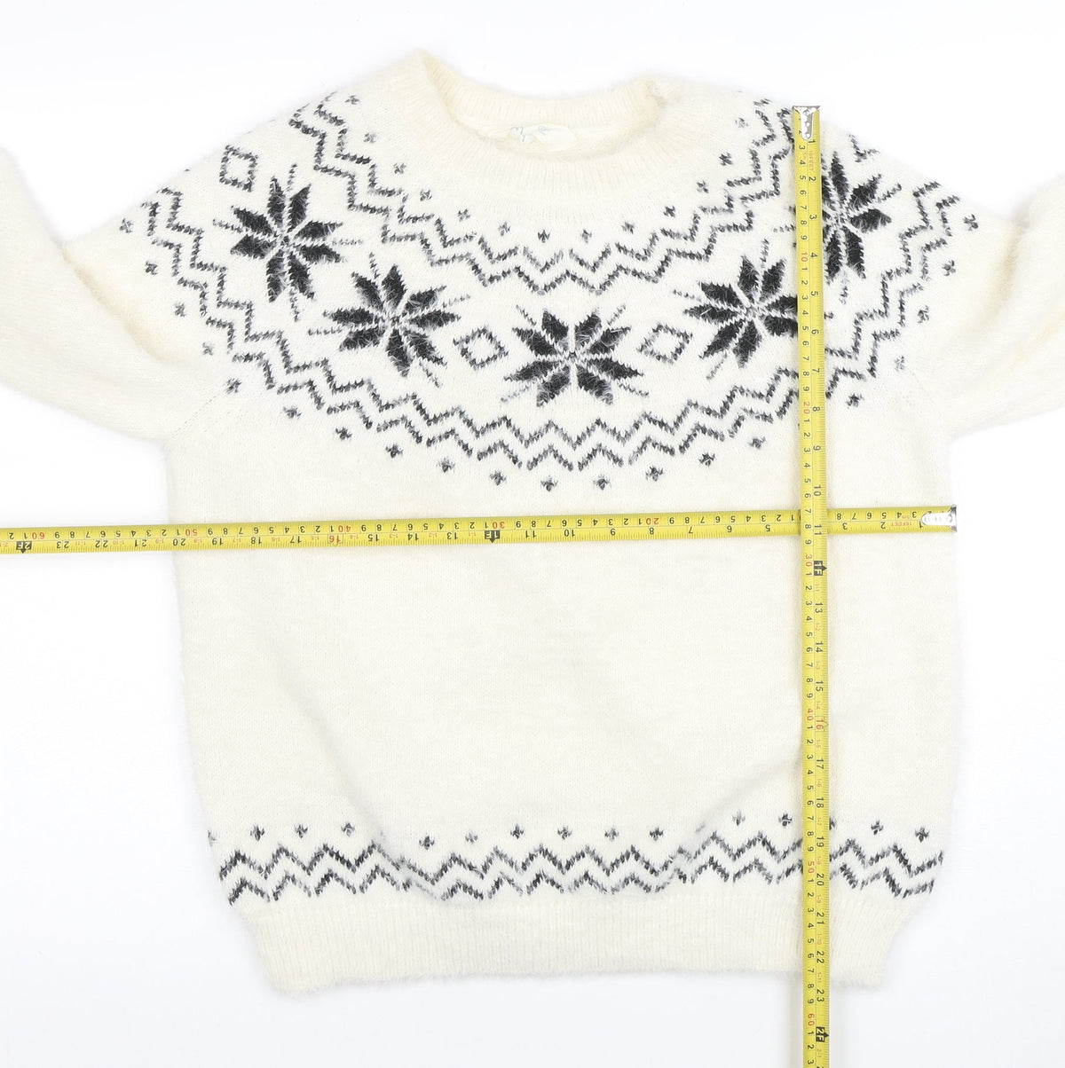 Primark Women's White Fair Isle Crew Neck Pullover Jumper Size S