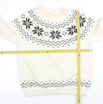 Primark Women's White Fair Isle Crew Neck Pullover Jumper Size S