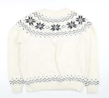 Primark Women's White Fair Isle Crew Neck Pullover Jumper Size S