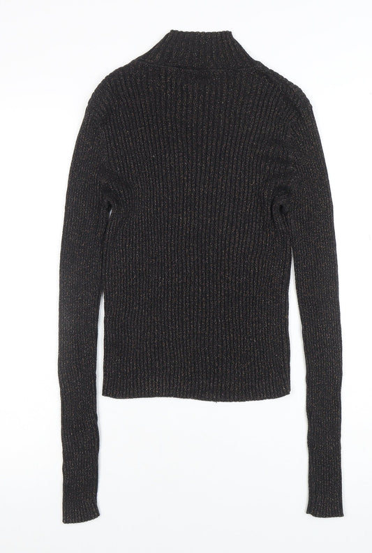 Topshop Women’s Black Metallic Roll Neck Ribbed Jumper UK 12