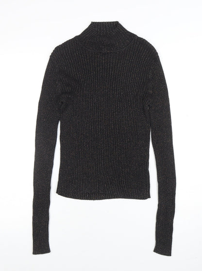 Topshop Women’s Black Metallic Roll Neck Ribbed Jumper UK 12