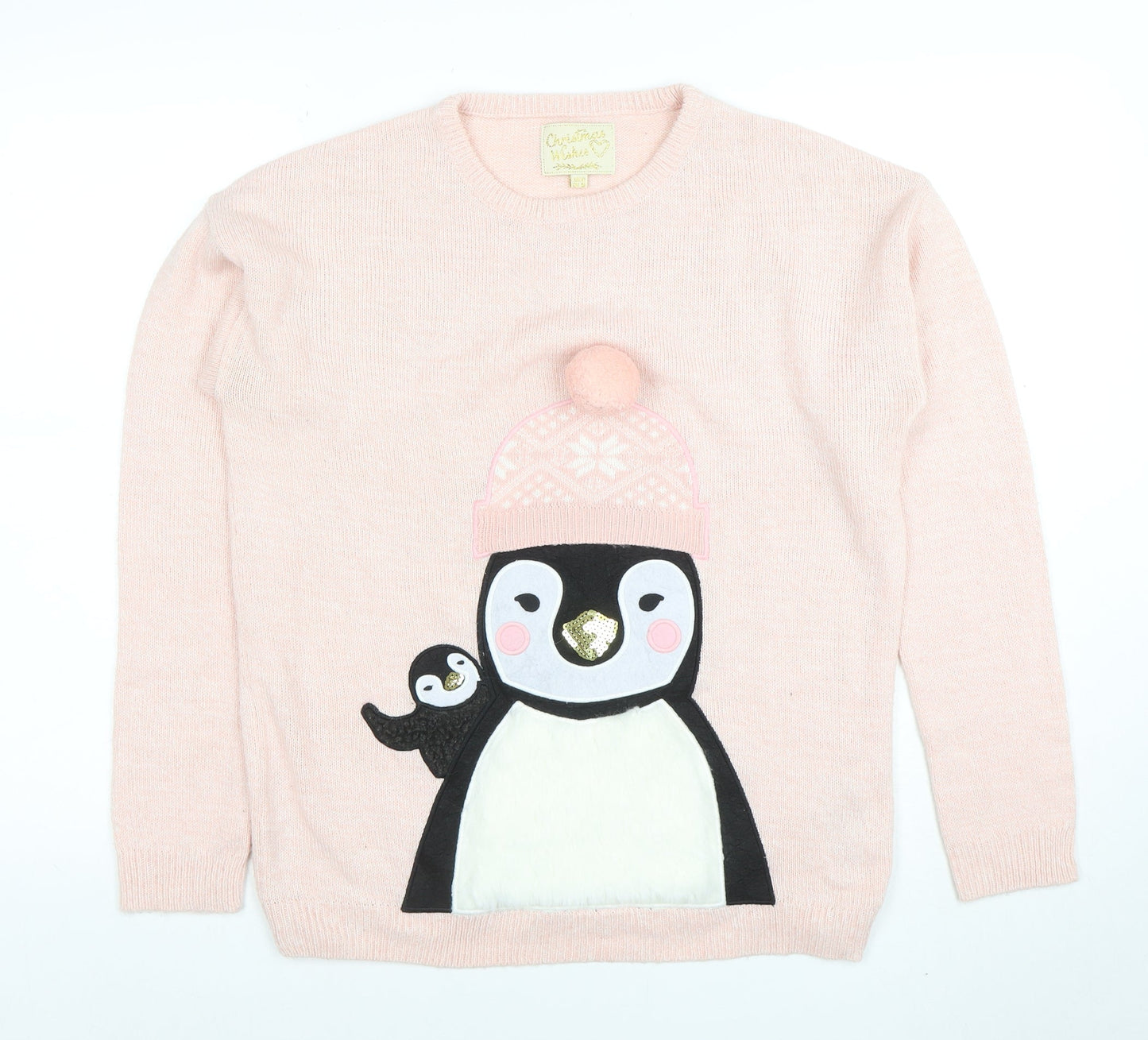 Womens UK Size M Christmas Wishes Pink Pullover Jumper
