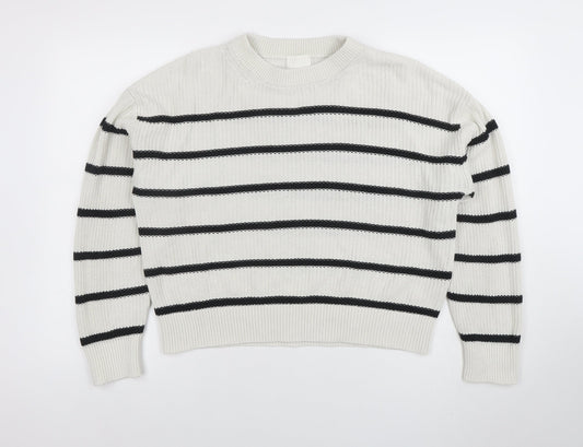 H&M Womens White Black Striped Knit Jumper Size M Long Sleeve Crew Neck