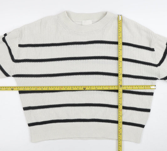 H&M Womens White Black Striped Knit Jumper Size M Long Sleeve Crew Neck