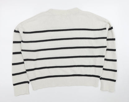 H&M Womens White Black Striped Knit Jumper Size M Long Sleeve Crew Neck