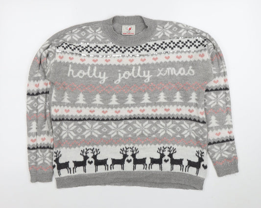 George Women's Grey Christmas Fair Isle Sequin Pullover Jumper Size S