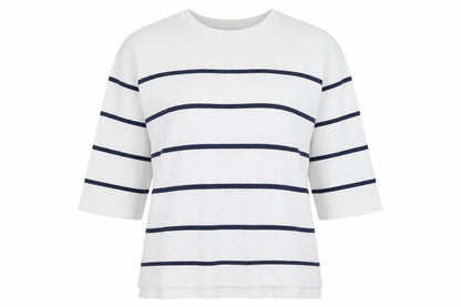 Tu Woman White Blue Striped 3/4 Sleeve Jersey Top Size 10