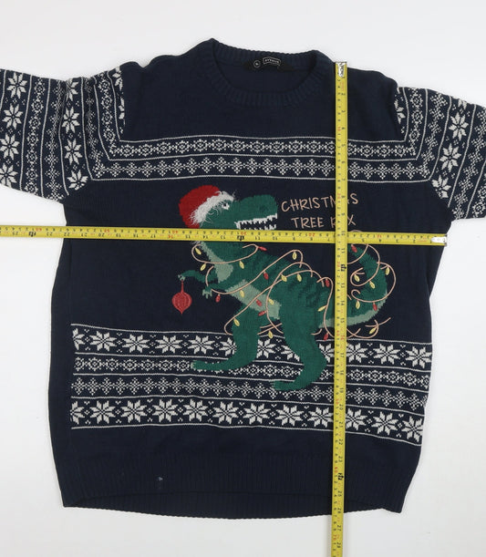 Avenue Men's Blue Christmas Dinosaur Fair Isle Jumper XL