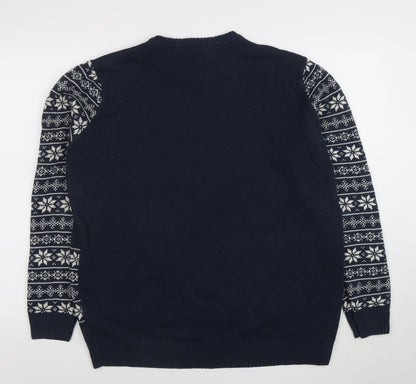 Avenue Men's Blue Christmas Dinosaur Fair Isle Jumper XL