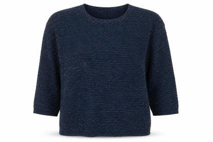 Laura Ashley Women Navy Blue Metallic Knit Jumper UK 12 Crew Neck 3/4 Sleeve