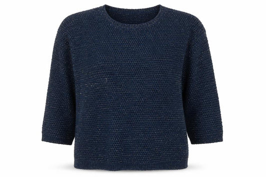 Laura Ashley Women Navy Blue Metallic Knit Jumper UK 12 Crew Neck 3/4 Sleeve