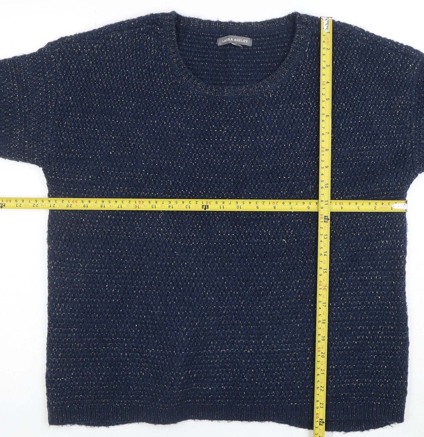 Laura Ashley Women Navy Blue Metallic Knit Jumper UK 12 Crew Neck 3/4 Sleeve