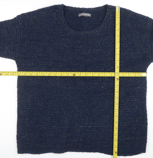 Laura Ashley Women Navy Blue Metallic Knit Jumper UK 12 Crew Neck 3/4 Sleeve