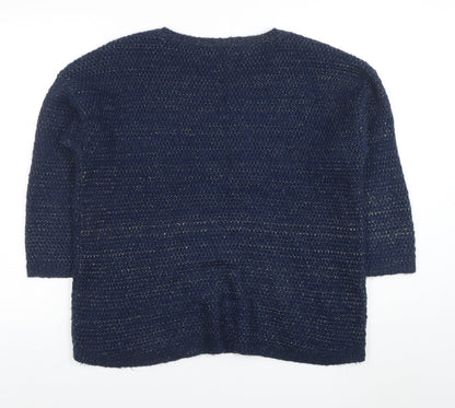 Laura Ashley Women Navy Blue Metallic Knit Jumper UK 12 Crew Neck 3/4 Sleeve