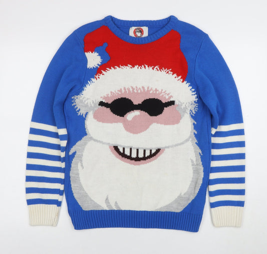 Mens UK Size M Bad Santa Blue Pullover Jumper