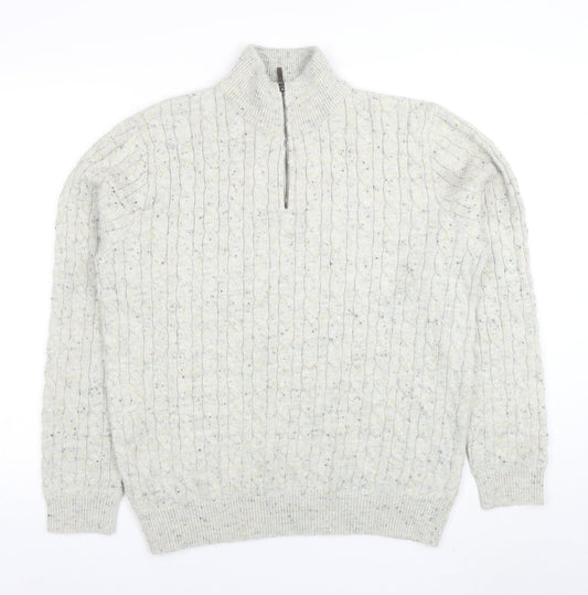 TU Men’s Grey Cable-Knit 1/4 Zip High Neck Jumper Size L