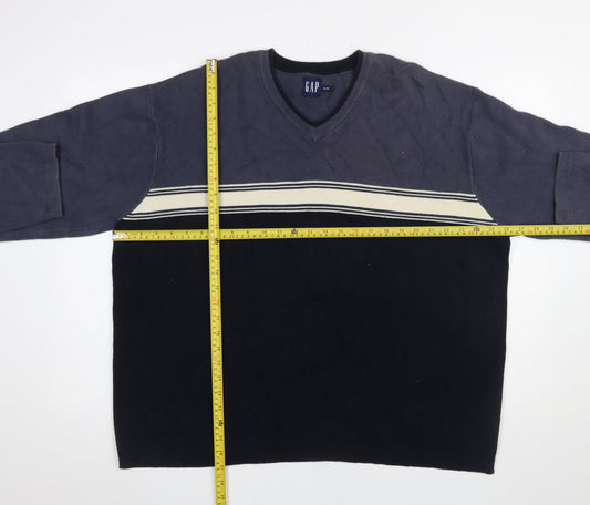 GAP Men's Blue XL V-Neck Cotton Striped Pullover Jumper