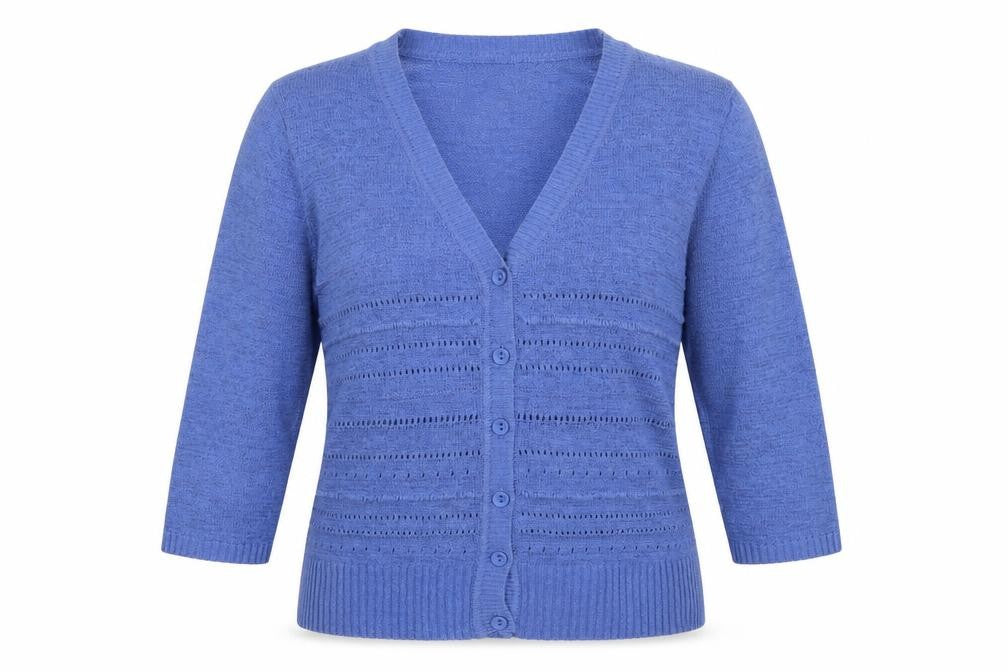Bonmarché Women's Blue Open-Knit 3/4 Sleeve V-Neck Cardigan M