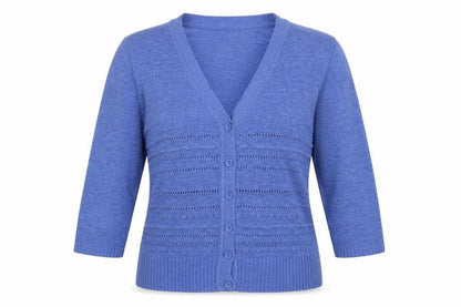 Bonmarché Women's Blue Open-Knit 3/4 Sleeve V-Neck Cardigan M