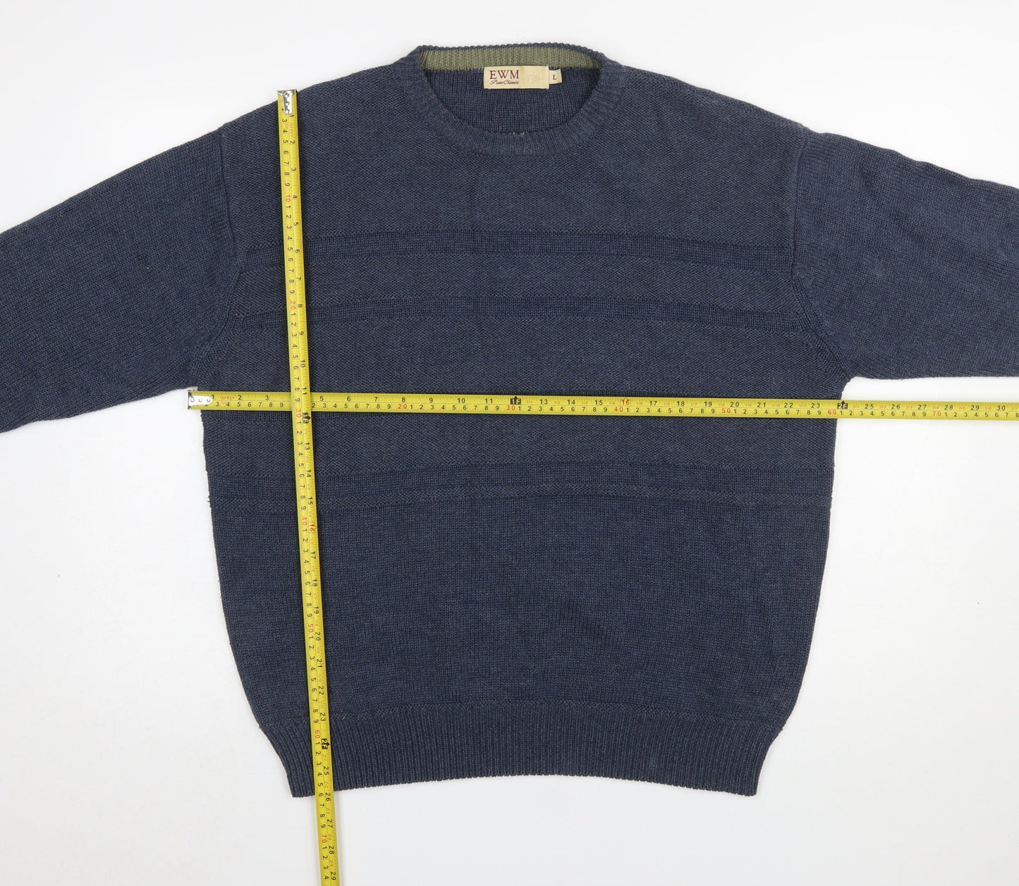 EWM Men Blue Cotton Acrylic Crew Neck Pullover Jumper L